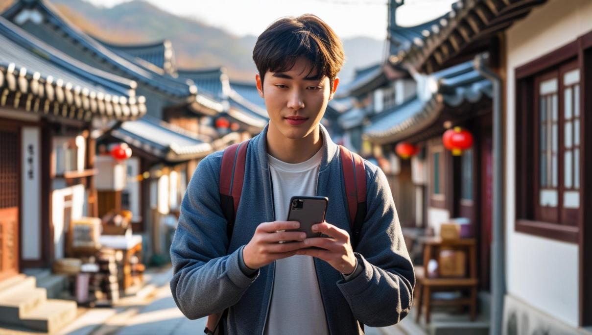 Traveler using phone while exploring traditional Korean street lined with charming hanok houses.