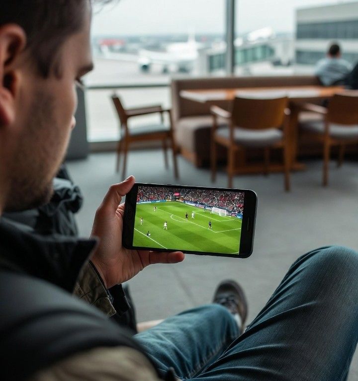 traveler watching a live football match on a smartphone